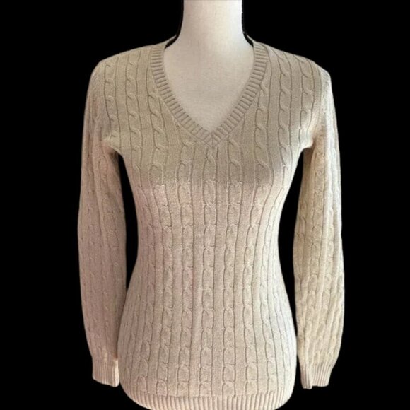 Ann Taylor Loft Cable Knit Gold Flecked Sweater, Size Medium - Picture 1 of 7